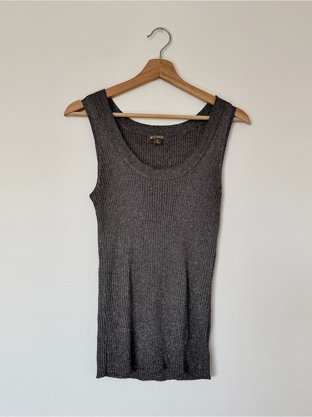 Steel Grey Metallic Rib Knit Scoop Neck Tank Top